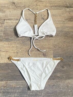 Vintage Y2K L-Space Boho gold chain white bikini set